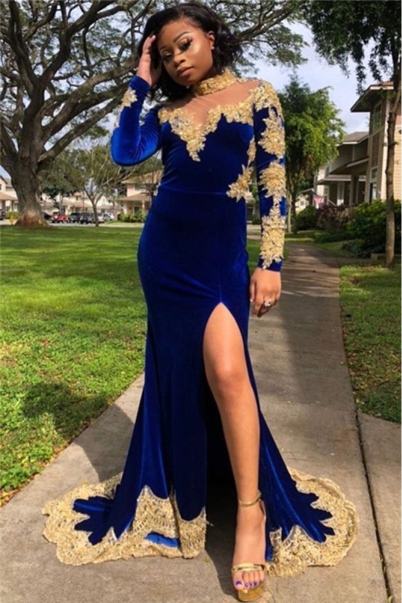 Dark Blue High Neck Velvet Long Sleeves Appliques Prom Dresses