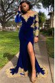 Dark Blue High Neck Velvet Long Sleeves Appliques Prom Dresses