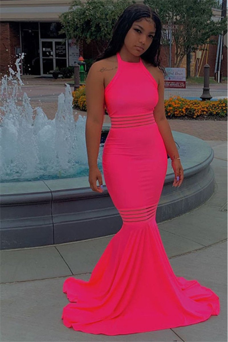 Sexy Fuchsia Sleeveless Mermaid Halter Prom Dresses