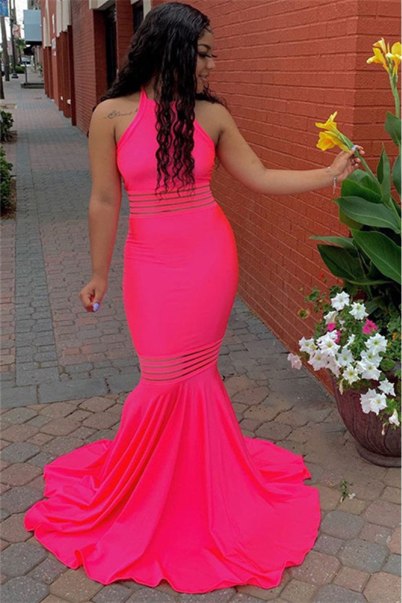 Sexy Fuchsia Sleeveless Mermaid Halter Prom Dresses