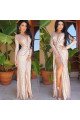 Champagne V-Neck Long Sleeves Mermaid Sequins Prom Dresses