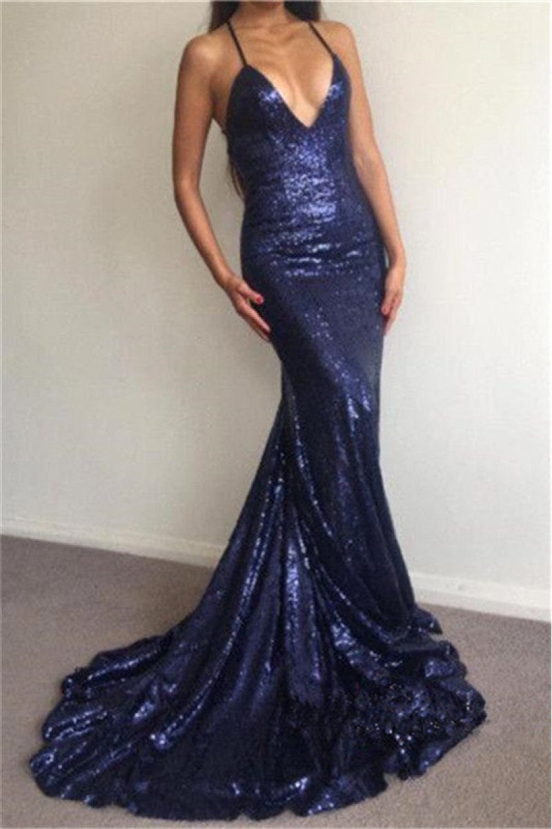 Dark Navy Sequins Spaghetti Straps Sexy Prom Dresses