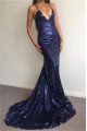 Dark Navy Sequins Spaghetti Straps Sexy Prom Dresses