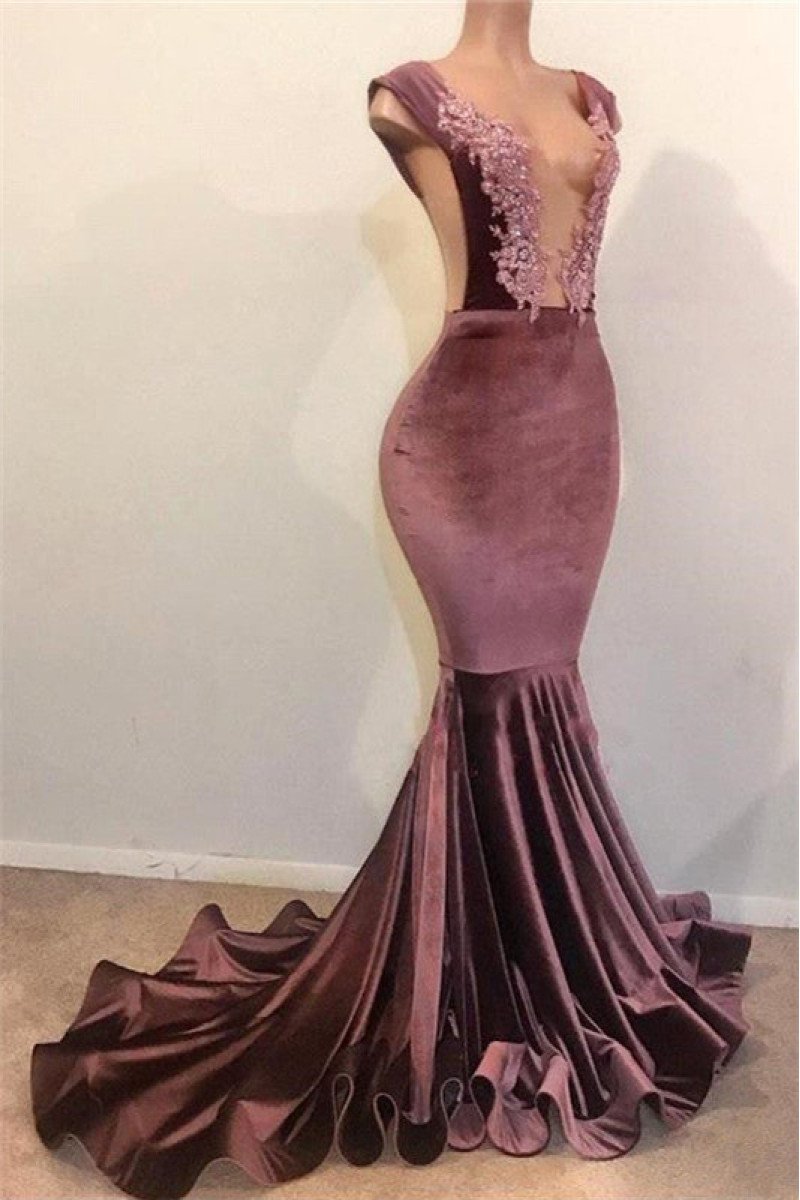 Grape V-Neck Velvet Sleeveless Mermaid Prom Dresses with Appliques