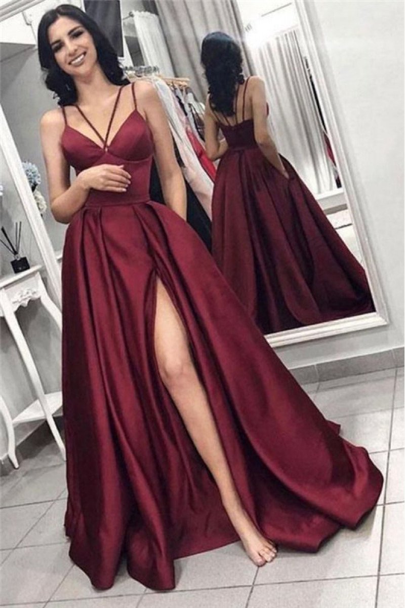 New Arrival Burgundy Spaghetti Straps Side Slit Simple Prom Dresses