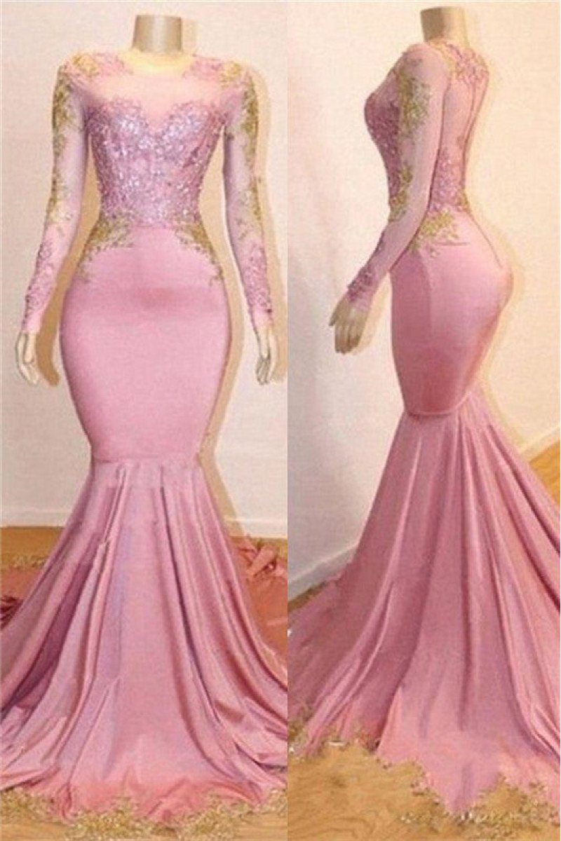 Glamorous Pink Jewel Long Sleeves Appliques Mermaid Prom Dresses