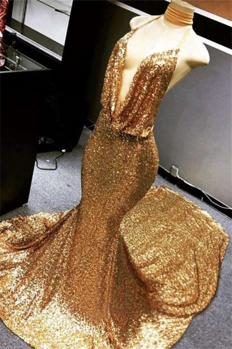 Sparkly Gold Sequins Halter Sexy Mermaid Prom Dresses