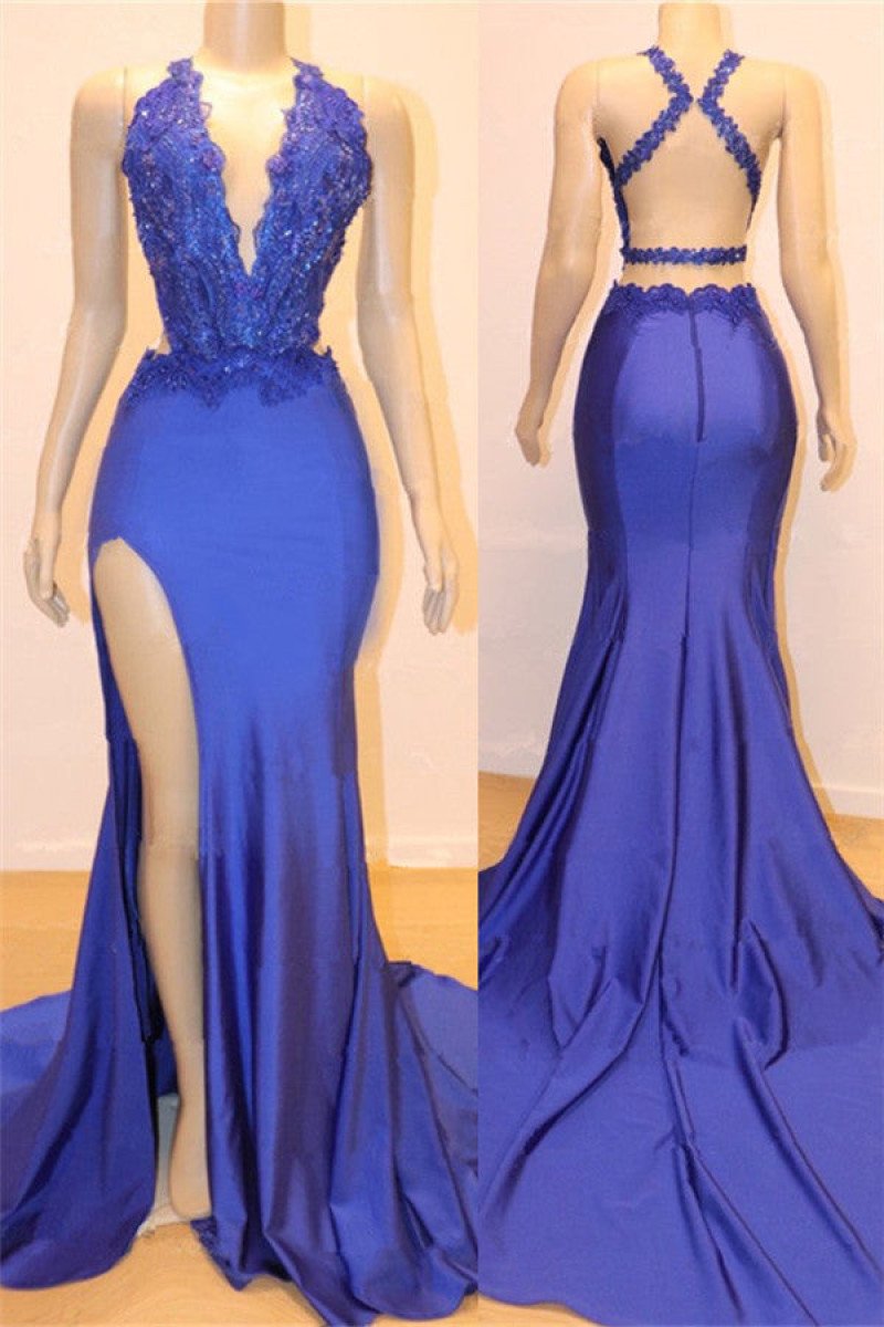 Blue V-Neck Sleeveless Mermaid Open Back Side Slit Appliques Prom Dresses