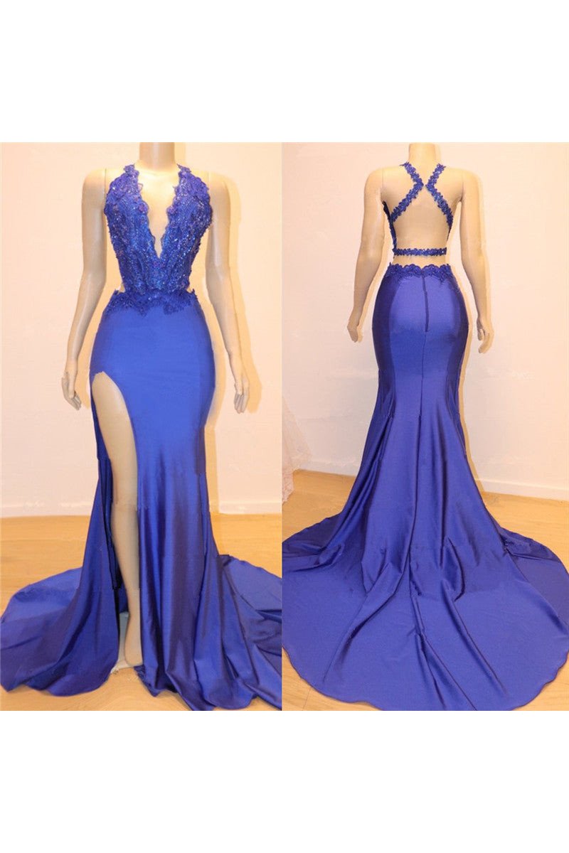 Blue V-Neck Sleeveless Mermaid Open Back Side Slit Appliques Prom Dresses