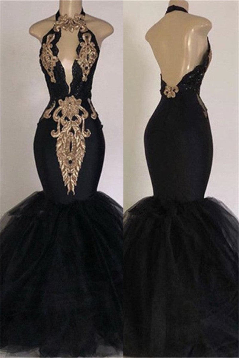 Sexy Mermaid Black Halter Backless Prom Dresses with Appliques