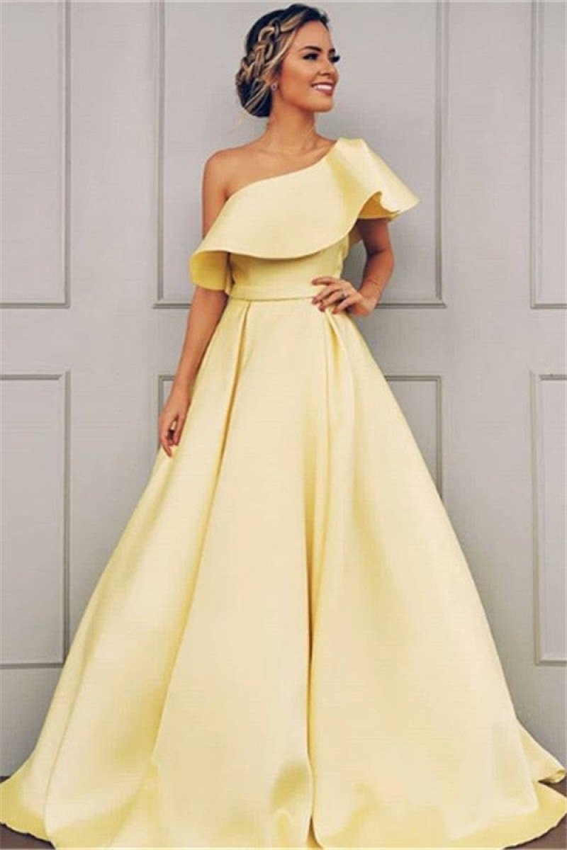 Elegant Champagne One Shoulder A-Line Tiered Long Evening Dresses