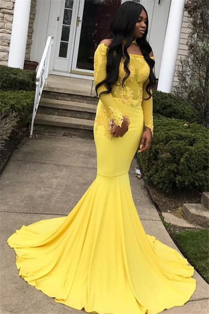 Hot Yellow Off Shoulder Long Sleeves Mermaid Appliques Prom Dresses