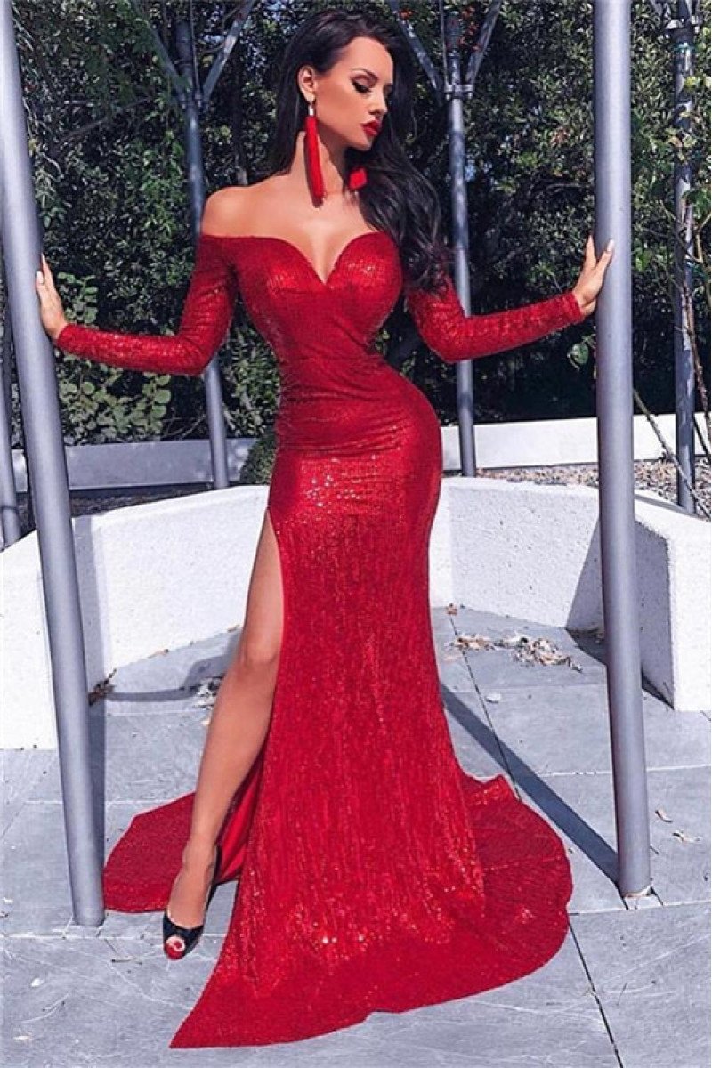 Newest Red Off Shoulder Long Sleeves Sequins Side Slit Prom Dresses