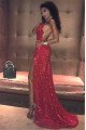 Trendy Red Sequins Spaghetti Straps Backless Side Slit Prom Dresses
