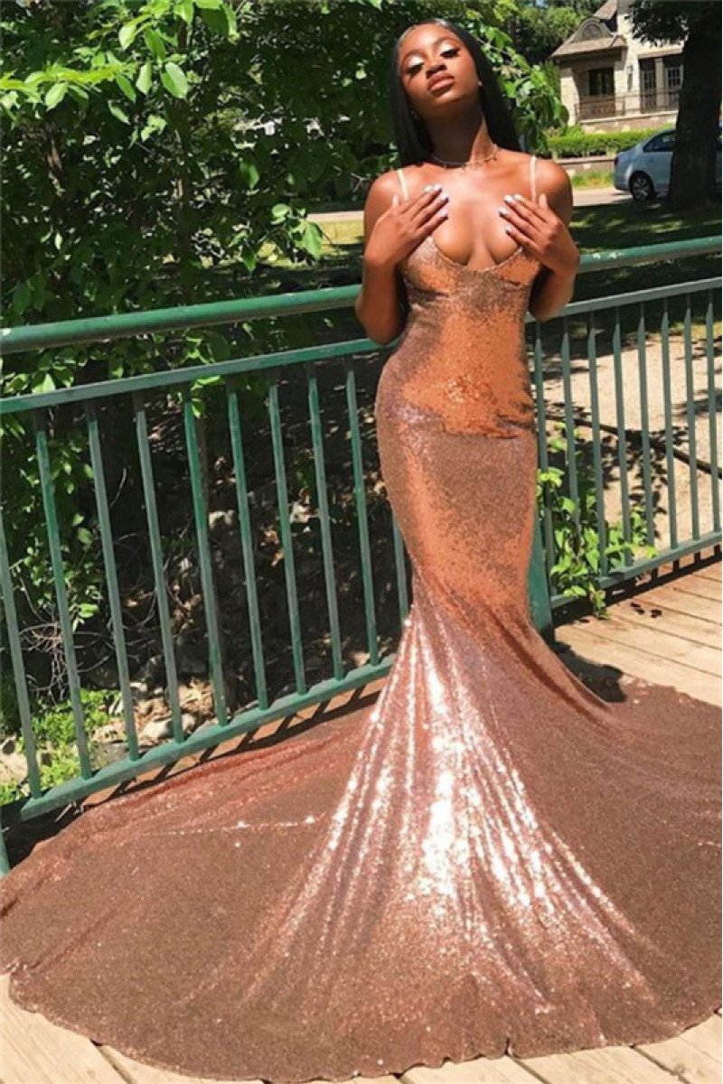 Sexy Rose Gold Spaghetti Straps Sequins Mermaid Prom Dresses