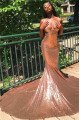 Sexy Rose Gold Spaghetti Straps Sequins Mermaid Prom Dresses