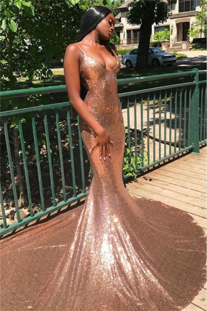 Sexy Rose Gold Spaghetti Straps Sequins Mermaid Prom Dresses