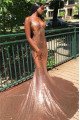 Sexy Rose Gold Spaghetti Straps Sequins Mermaid Prom Dresses