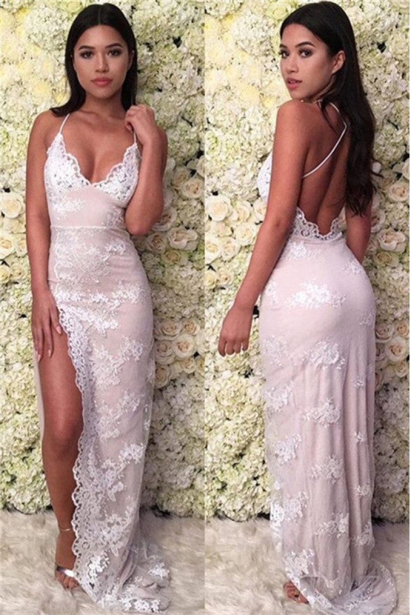 Sexy Pink Open Back Halter Sheath Appliques Prom Dresses