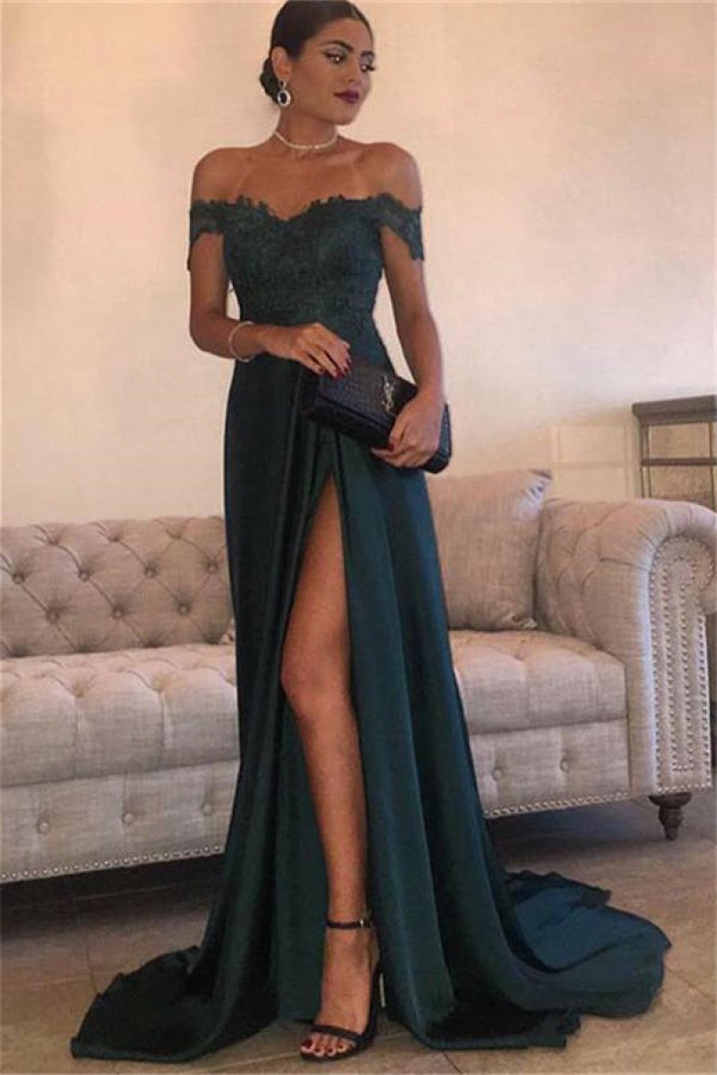 Dark Green Off Shoulder Sheath Appliques Side Slit Prom Dresses