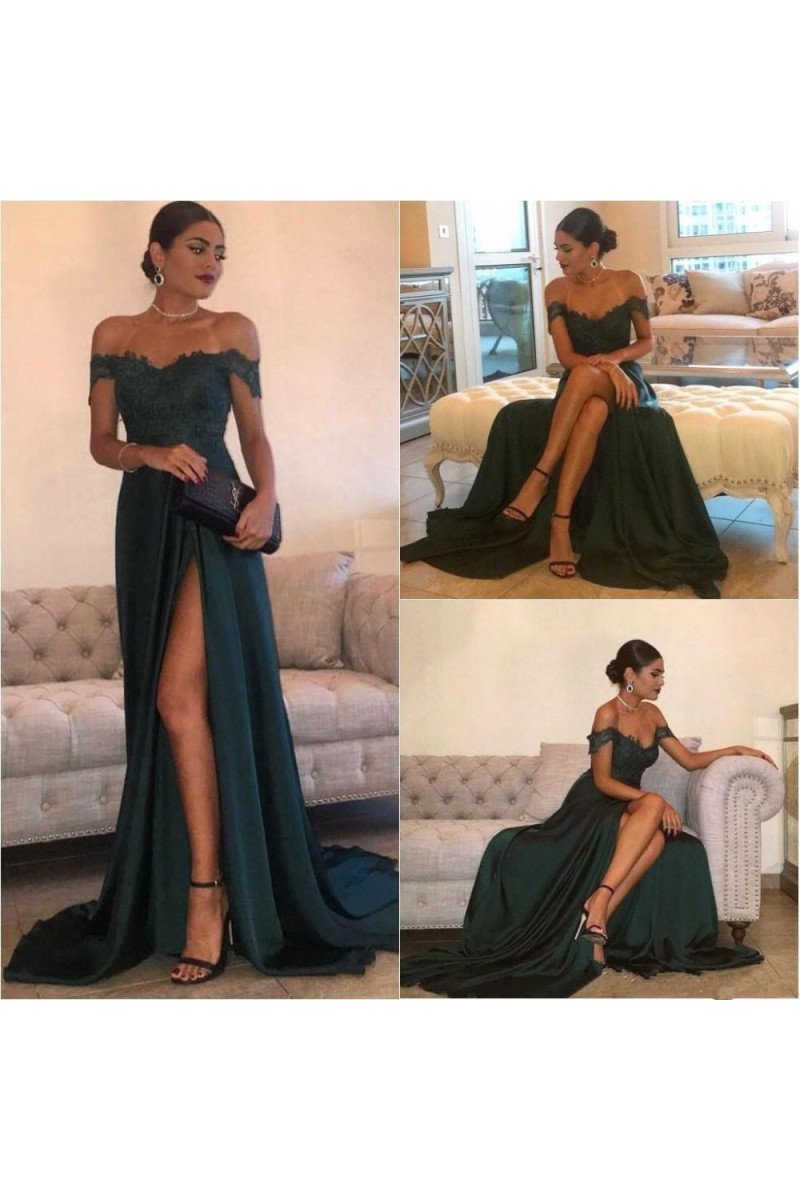 Dark Green Off Shoulder Sheath Appliques Side Slit Prom Dresses