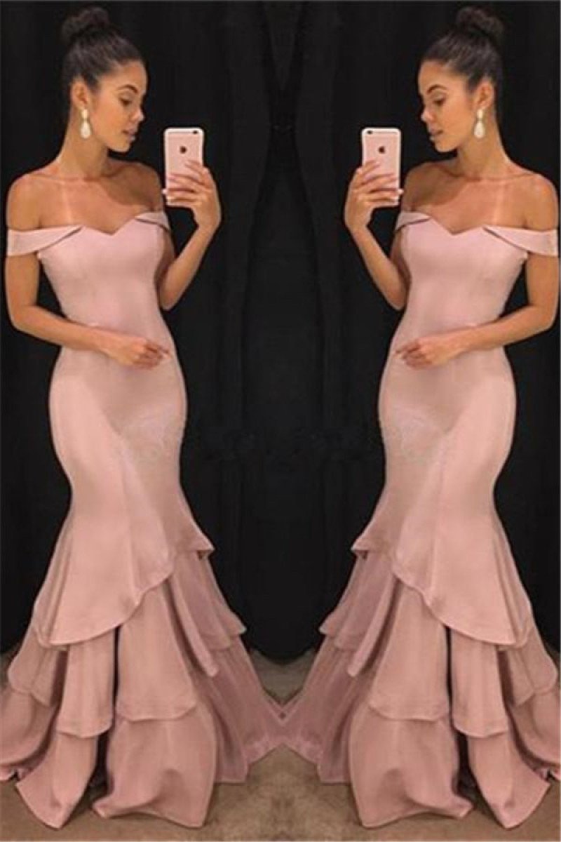 Elegant Blushing Pink Off Shoulder Tiered Prom Dresses