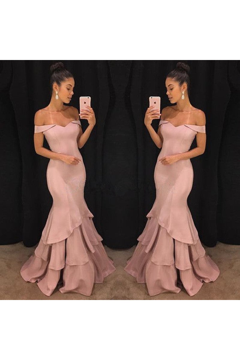 Elegant Blushing Pink Off Shoulder Tiered Prom Dresses