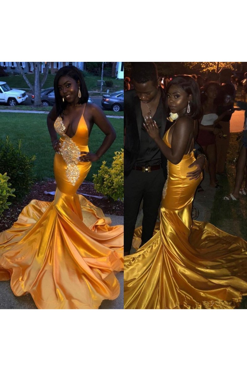 Hot Gold Spaghetti Straps Mermaid Appliques Beading Sexy Mermaid Prom Dresses