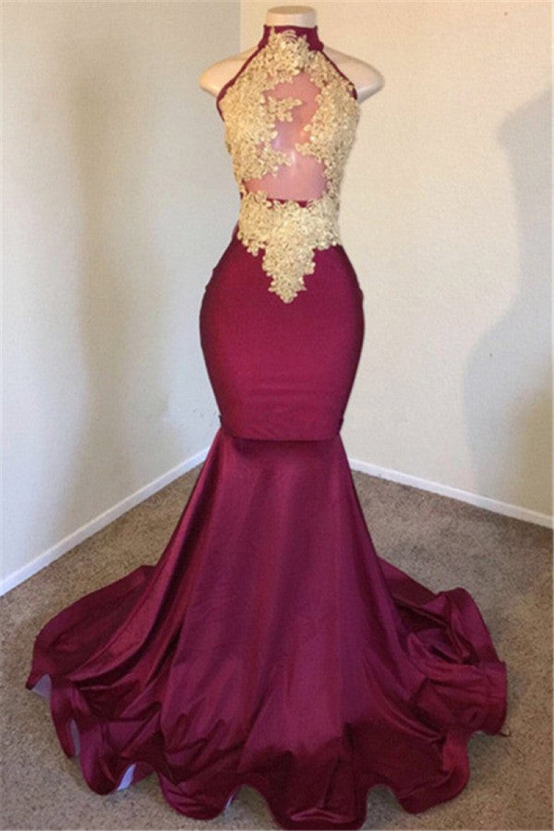 Burgundy High Neck Mermaid Sleeveless Appliques Prom Dresses