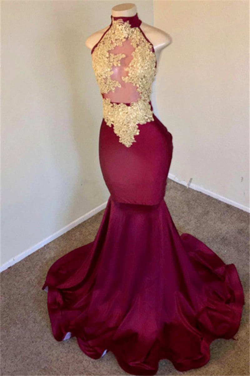 Burgundy High Neck Mermaid Sleeveless Appliques Prom Dresses