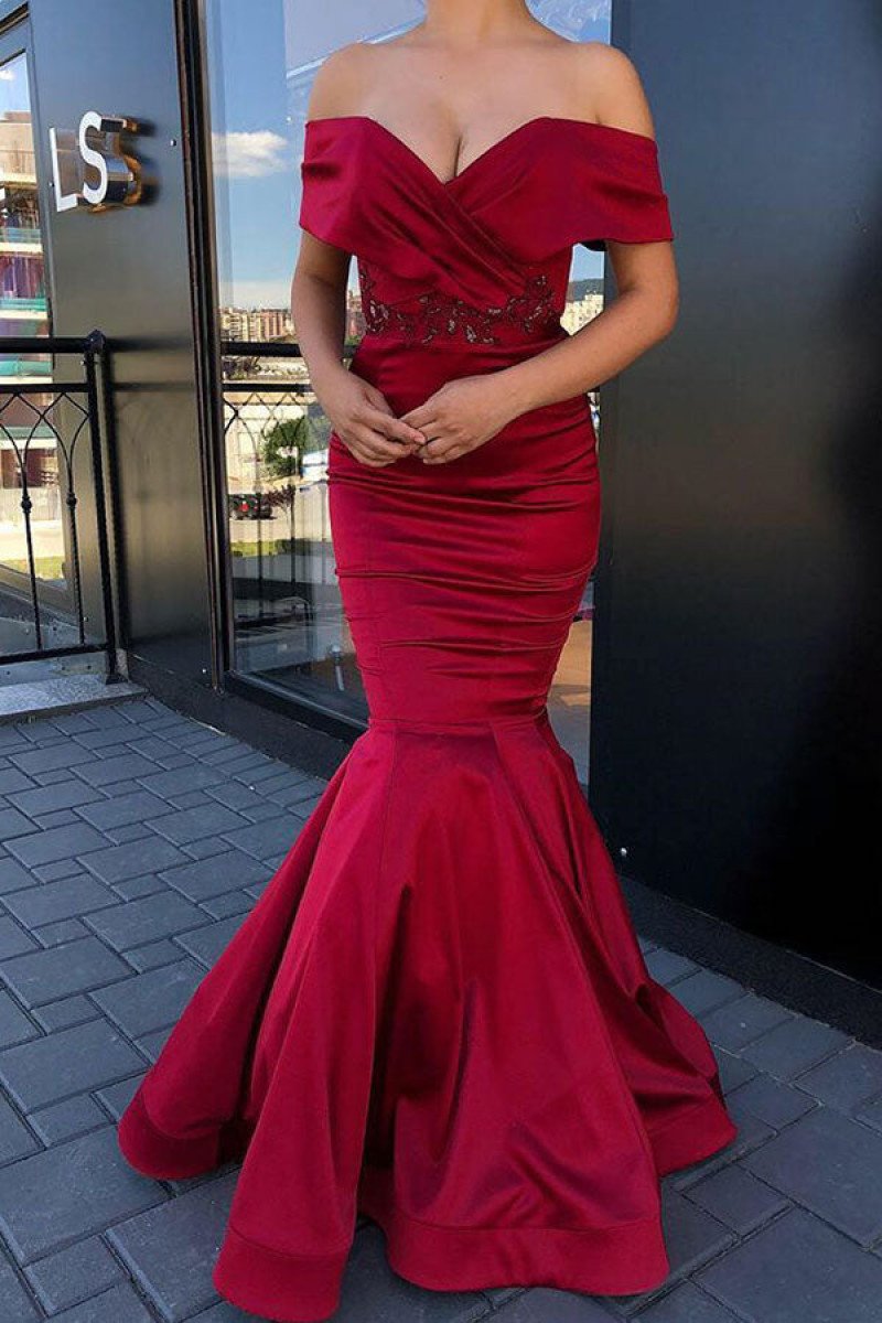 Simple Red Off Shoulder Mermaid Prom Dresses with Crystal