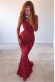 Sexy Burgundy V-neck Sleeveless Lace Mermaid Prom Dresses