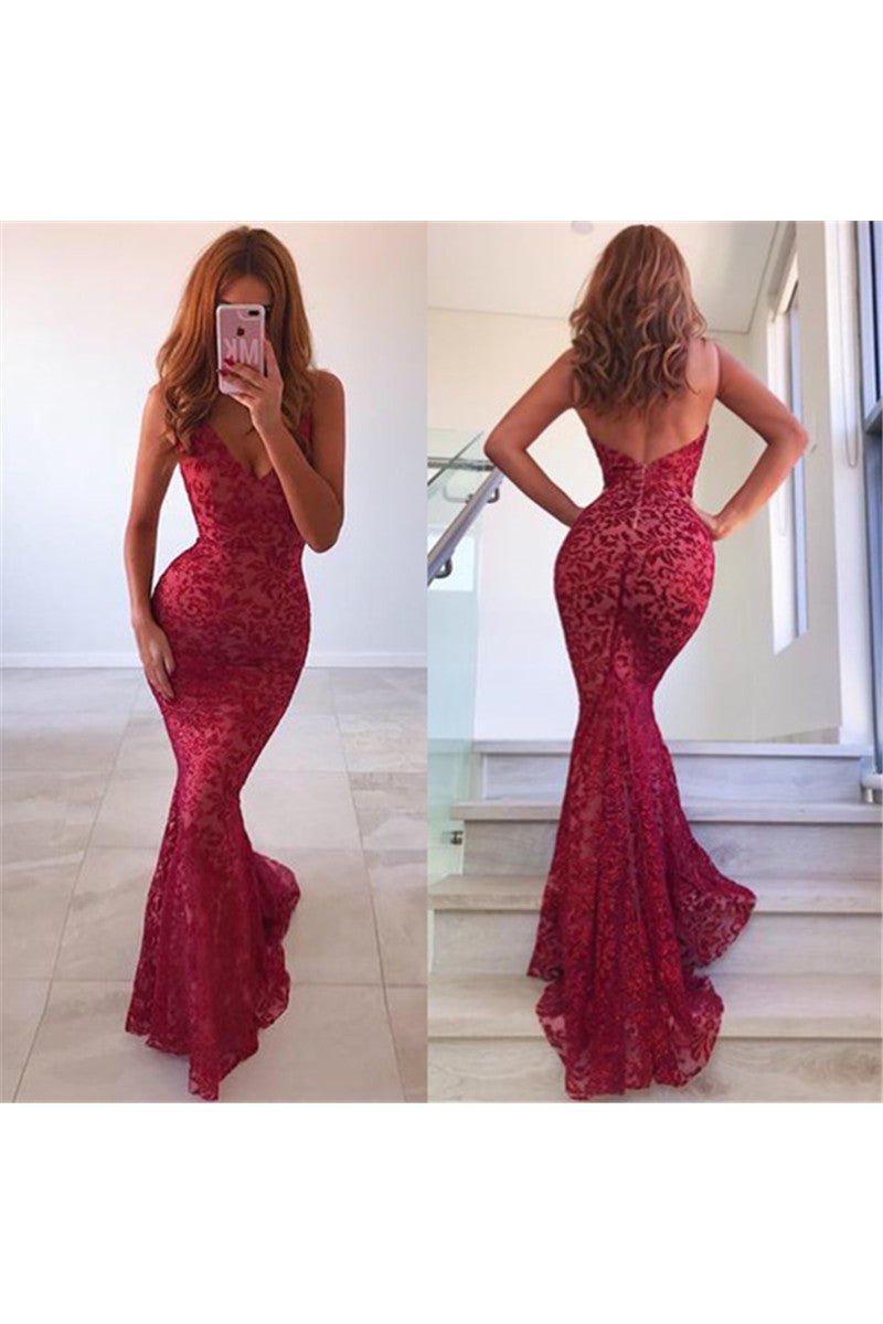 Sexy Burgundy V-neck Sleeveless Lace Mermaid Prom Dresses