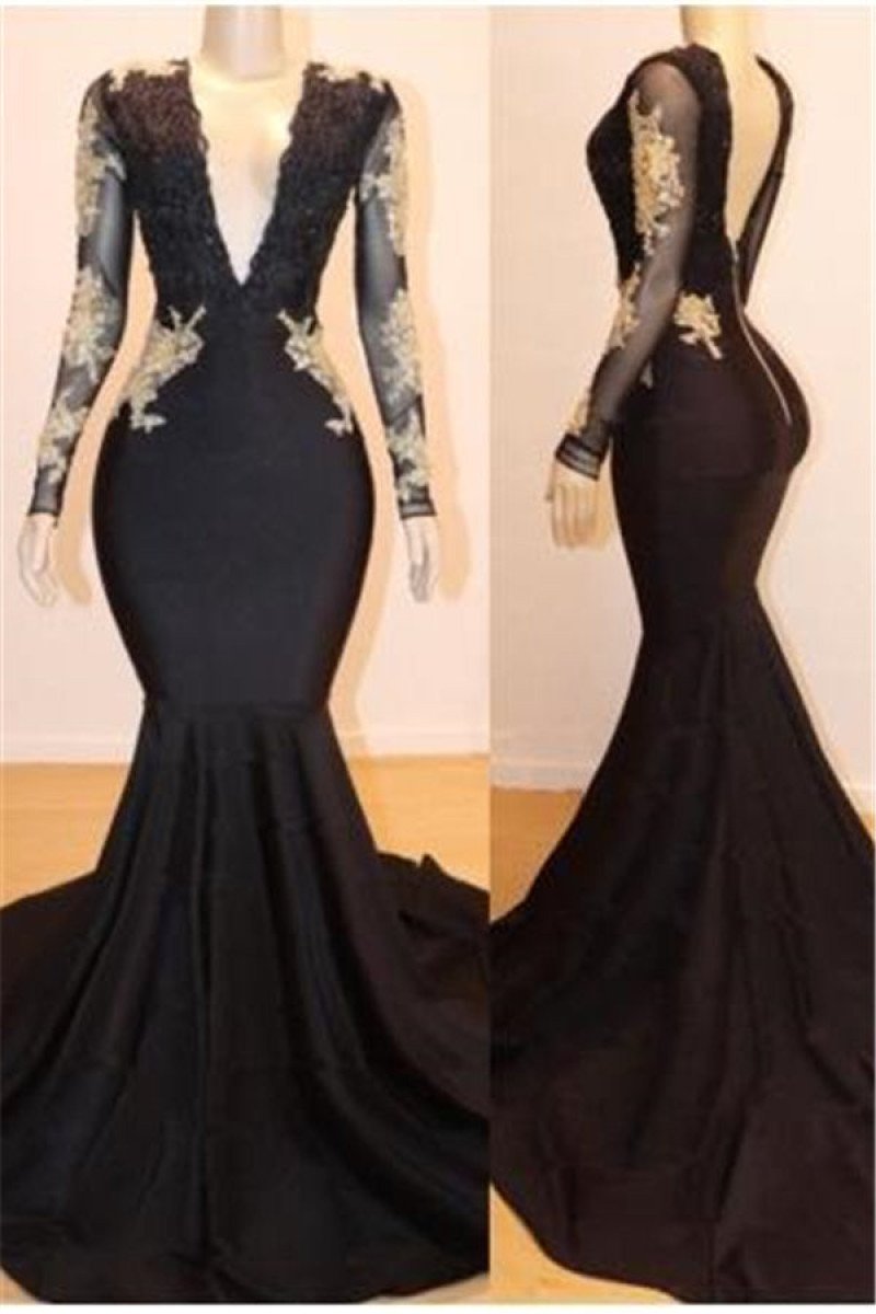 Chic Black Deep V-neck Long Sleeves Mermaid Prom Dresses With Appliques