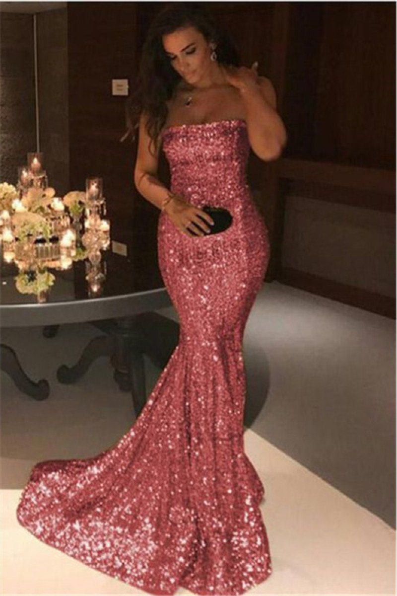 Fashion Pink Sequins Strapless Sleeveless Sheath Prom Dresses