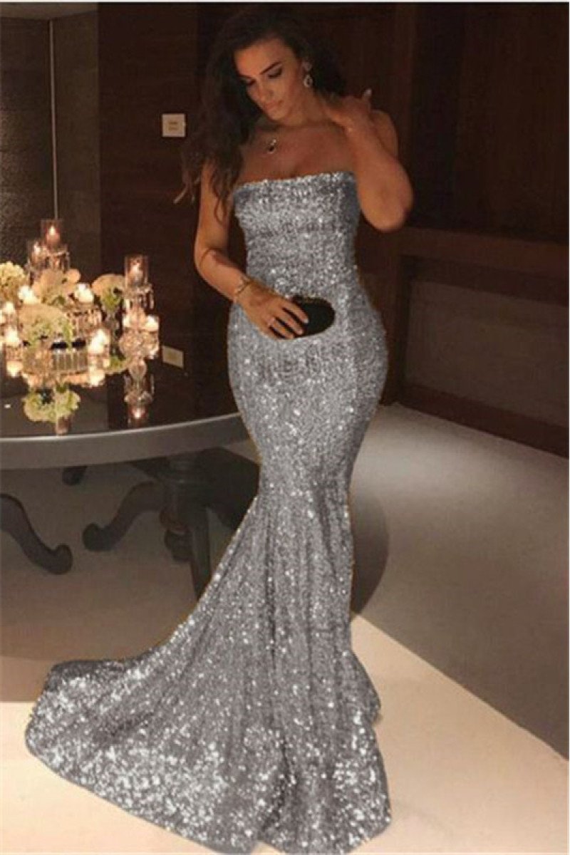 Sparkle Silver Sequins Strapless Sleeveless Mermaid Prom Dresses