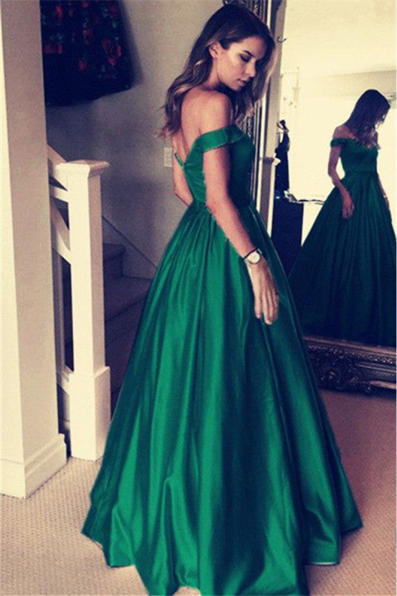 Generous Dark Green Off Shoulder Open Back Ball Gown Prom Dresses With Pocket