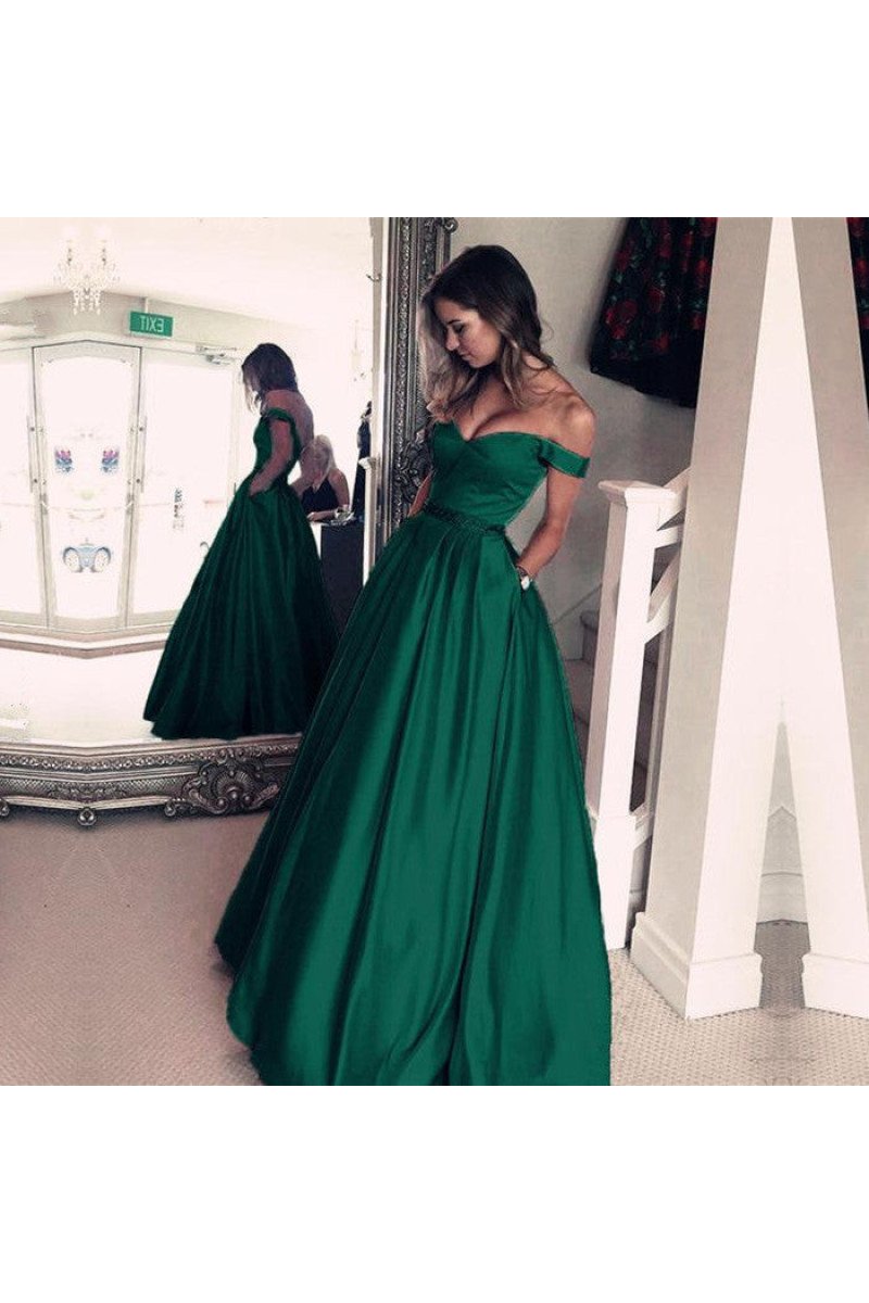 Generous Dark Green Off Shoulder Open Back Ball Gown Prom Dresses With Pocket