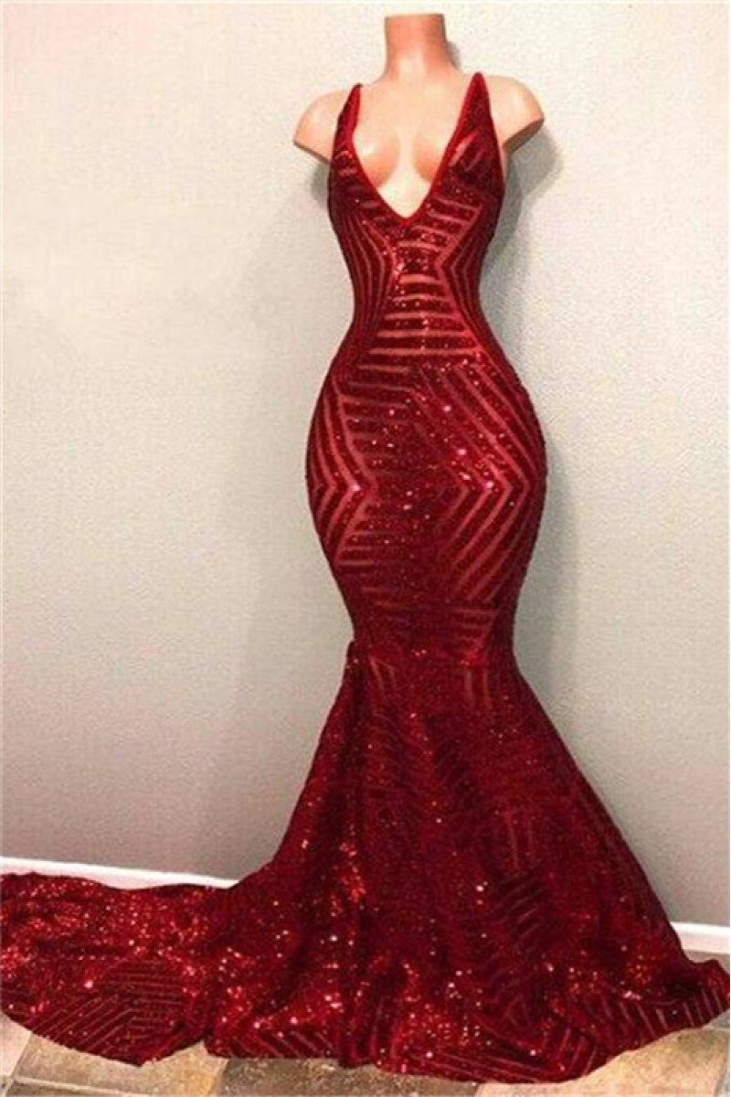 Gorgeous Burgundy Sequins V-neck Mermaid Prom Dresses