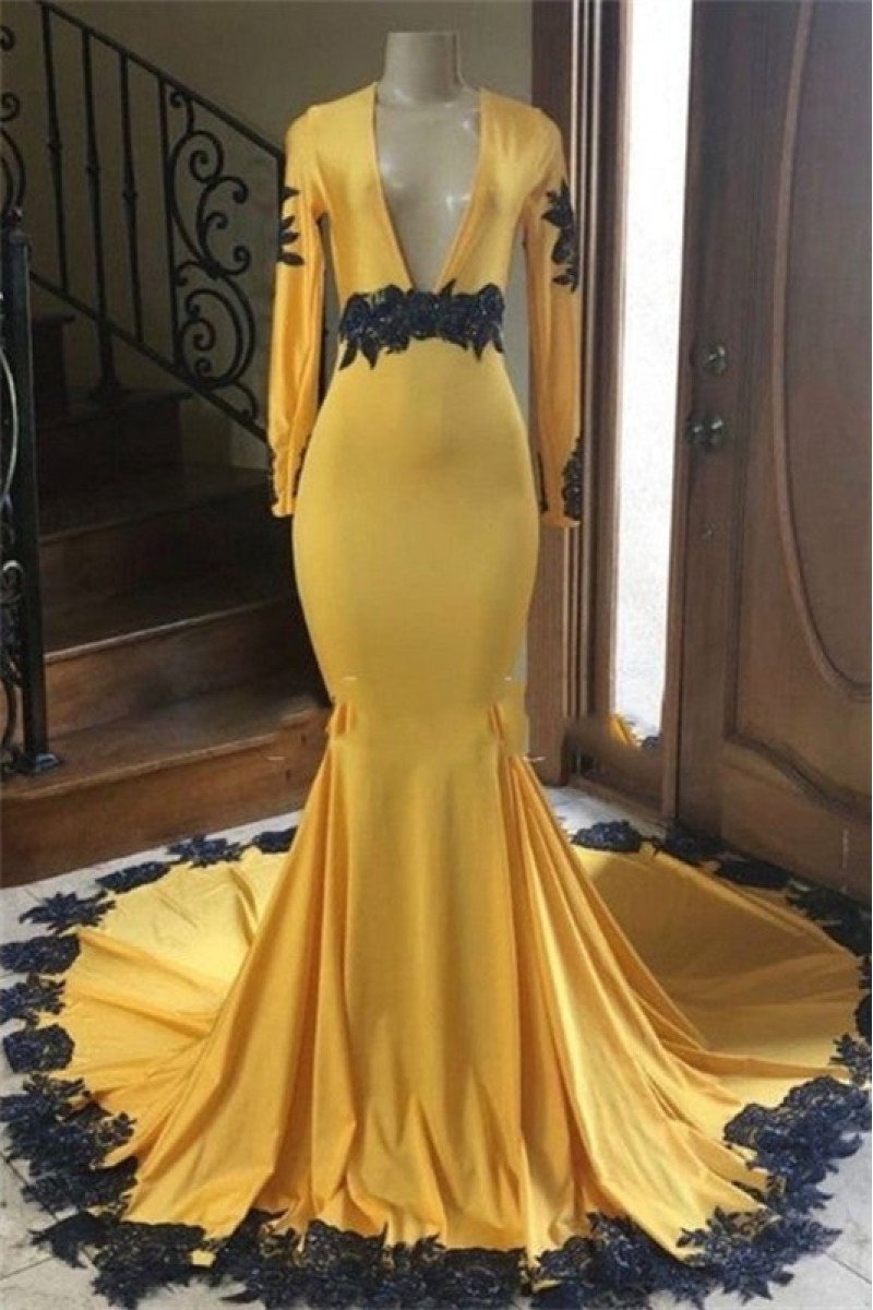 Elegant Yellow Deep V-neck Long Sleeves Mermaid Prom Dresses With Appliques