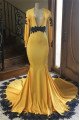 Elegant Yellow Deep V-neck Long Sleeves Mermaid Prom Dresses With Appliques