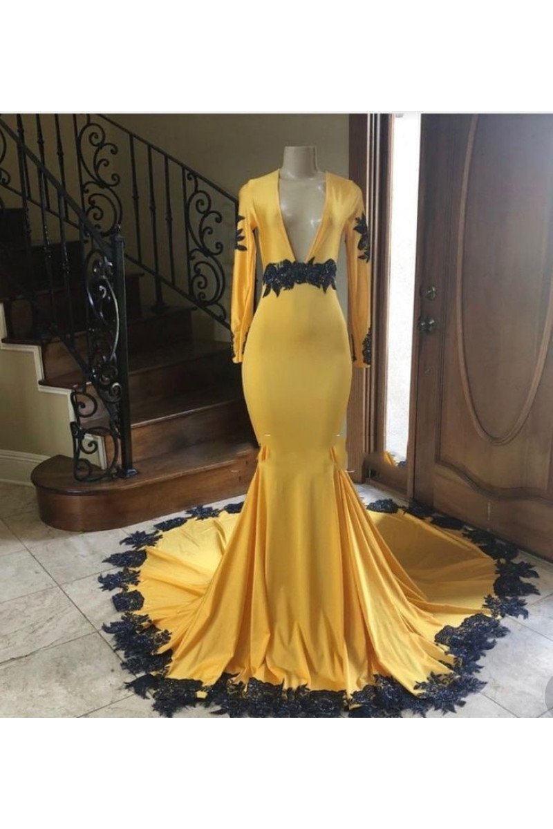 Elegant Yellow Deep V-neck Long Sleeves Mermaid Prom Dresses With Appliques