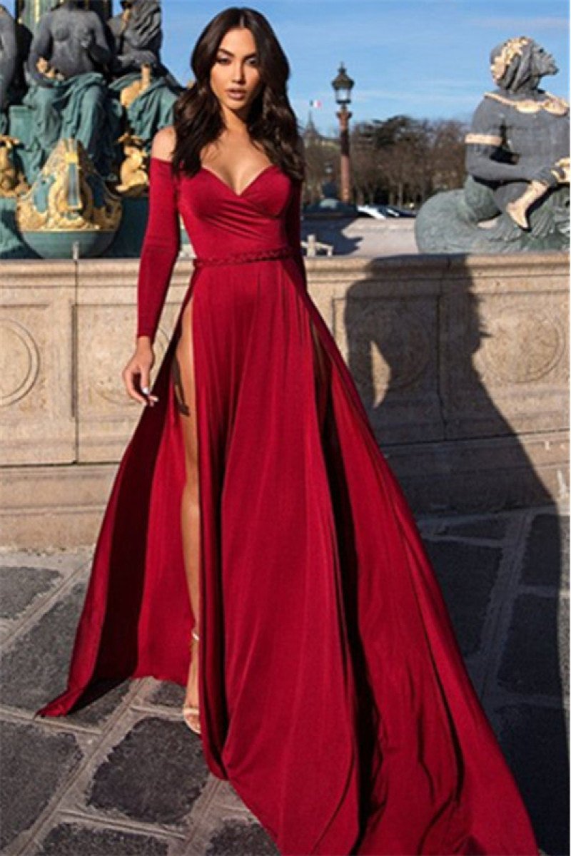 Sexy Burgundy Off Shoulder Long Sleeves Side Slit Sheath Prom Dresses