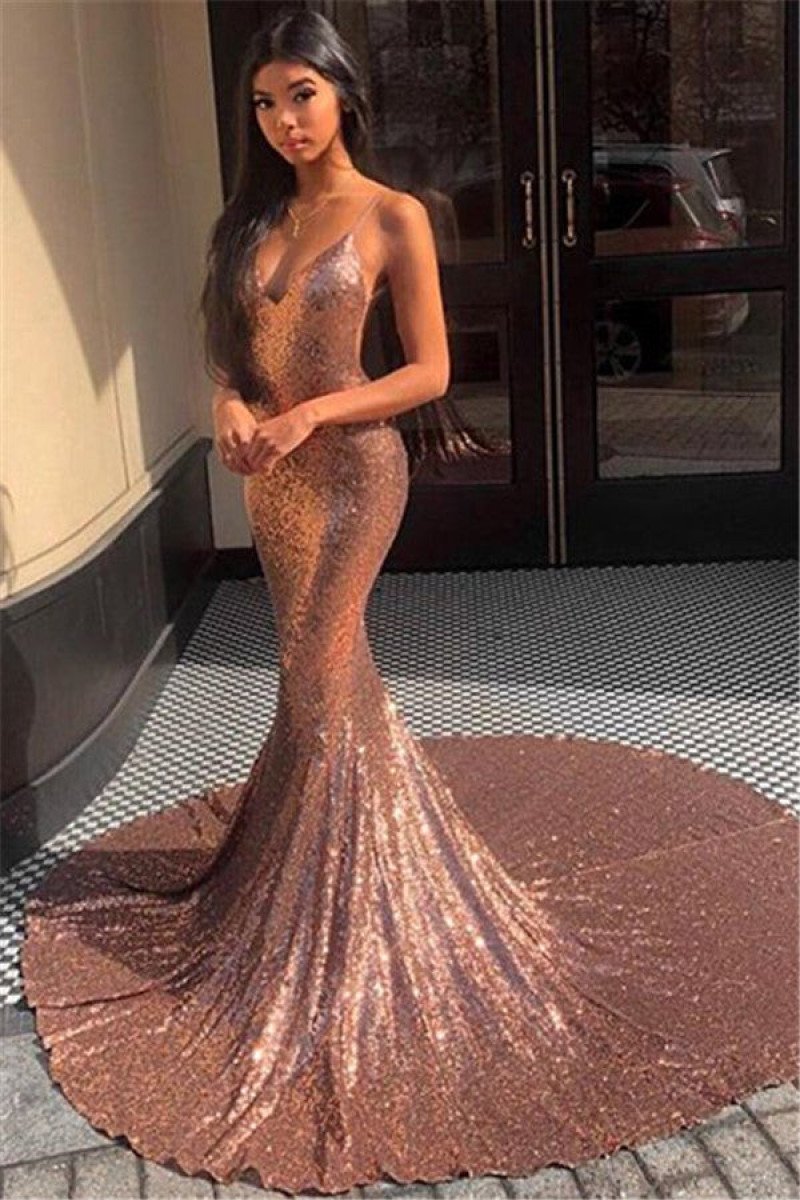 Sparkle Rose Gold Sequins Spaghetti Strap Sleeveless Mermaid Prom Dresses