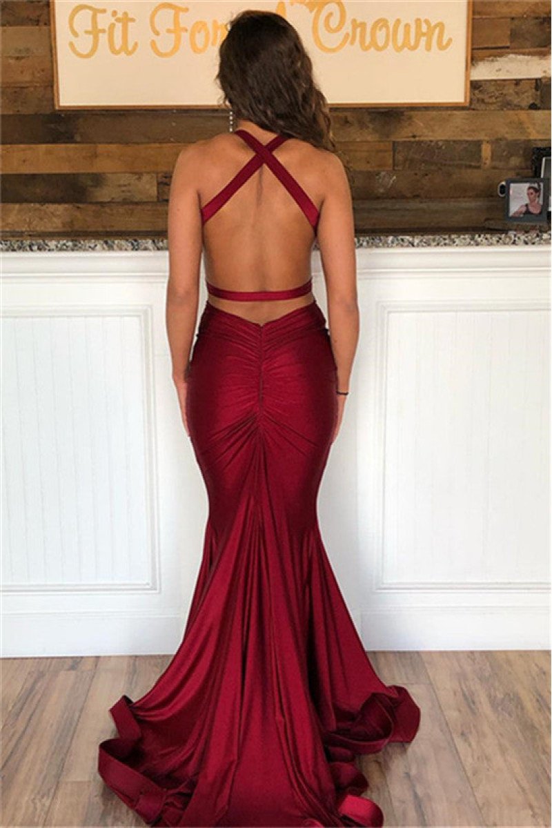 Simple Burgundy Halter Open Back sleeveless Mermaid Prom Dresses