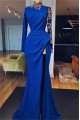 Modern Royal Blue Long Sleeves High Neck Sheath Prom Dresses With Appliques