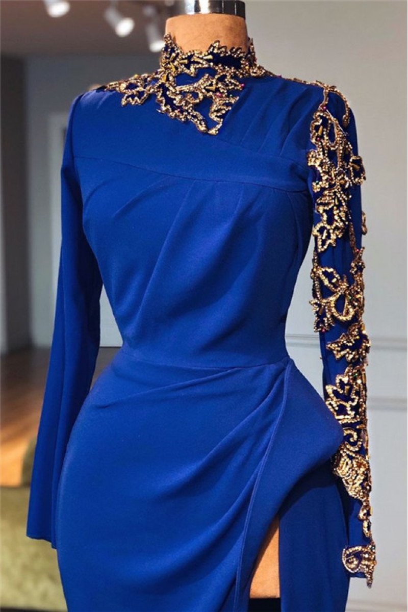 Modern Royal Blue Long Sleeves High Neck Sheath Prom Dresses With Appliques