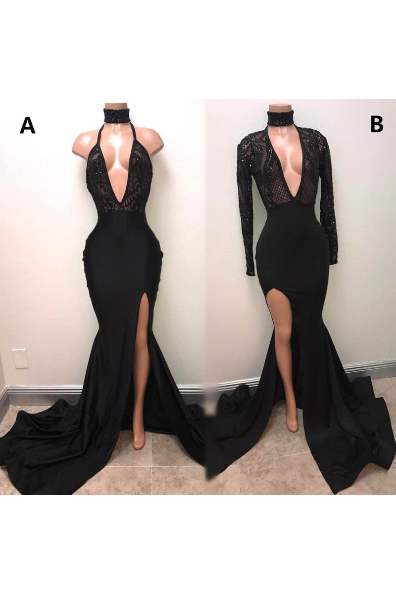 Sexy Black High Neck Side Slit Mermaid Prom Dresses With Appliques