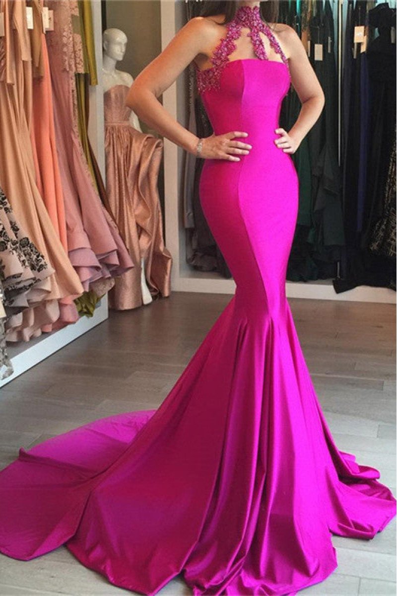 Elegant Fuchsia High Neck Sleeveless Mermaid Prom Dresses With Appliques