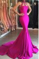 Elegant Fuchsia High Neck Sleeveless Mermaid Prom Dresses With Appliques